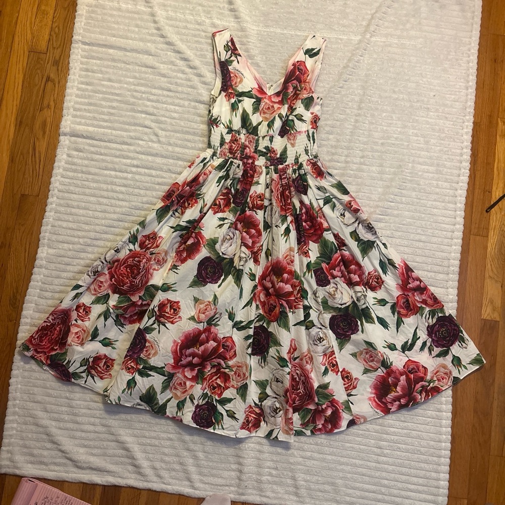 Dolce & Gabbana White Floral Midi Dress with Red & Green Roses